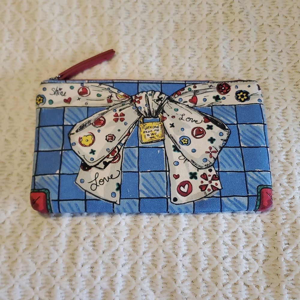 Brighton Blue Check Pouch with Bow & Red Heart Accent